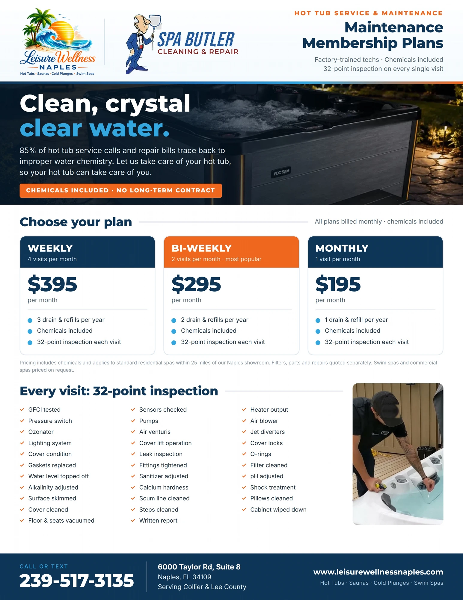 Spa Butler Maintenance Membership Plans — Weekly $395, Bi-Weekly $295, Monthly $195